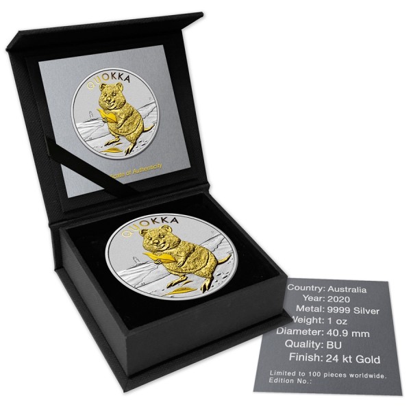 2020 1 oz $1 AUD Australian Silver Quokka Gold Gilded Coin BU
